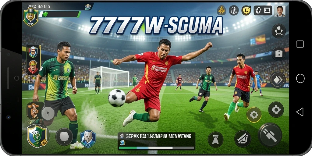 Tampilan gameplay seru dalam 7777W dengan aksi sepak bola yang mendebarkan.