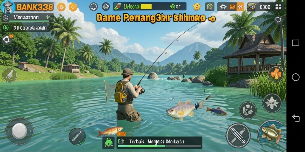 Screenshot utama BANK338 menampilkan pemain sedang memancing dengan latar belakang laut yang indah.