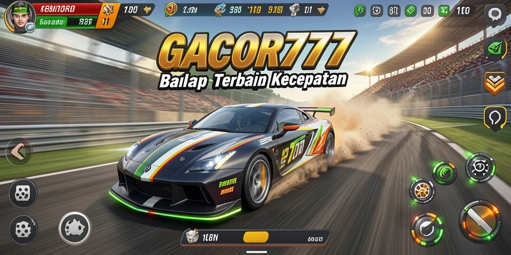 Gameplay menegangkan GACOR777 dengan mobil balap beraksi di trek.
