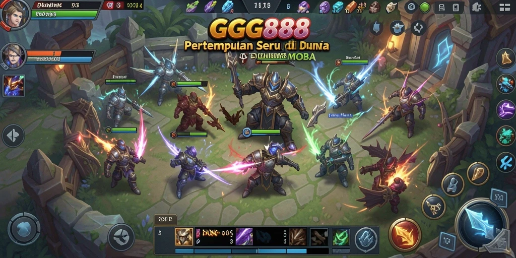 Screenshot GGG888 yang menunjukkan aksi pertarungan tim di arena MOBA.