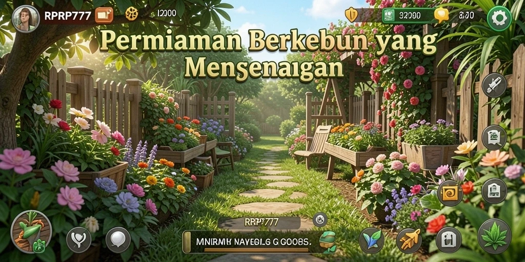 Screenshot gameplay RPRP777 yang menunjukkan taman yang subur dan tanaman beragam.