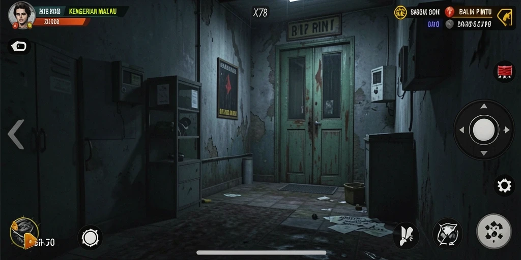 Tampilan mencekam dalam game X78 saat karakter menjelajahi rumah berhantu.